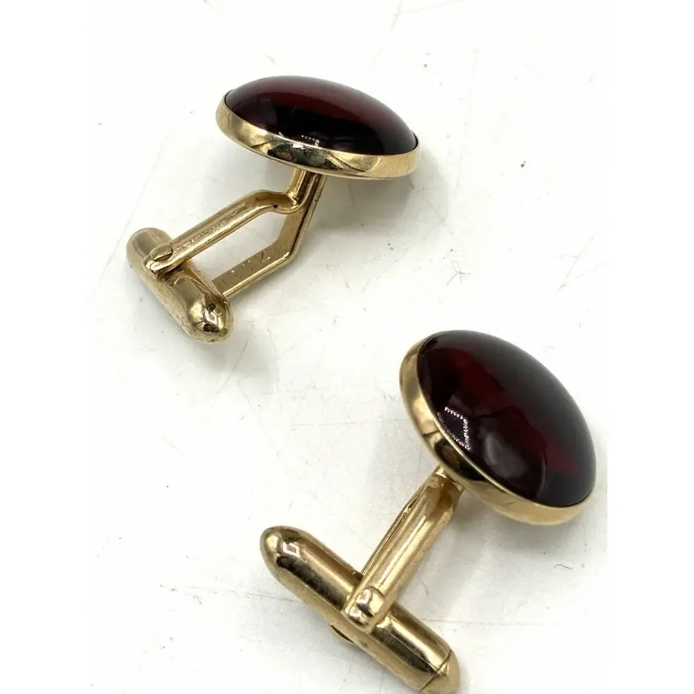 Vintage Swank Cuff Links Dark Garnet Red Round Cabochon Gold Tone Bullet Back